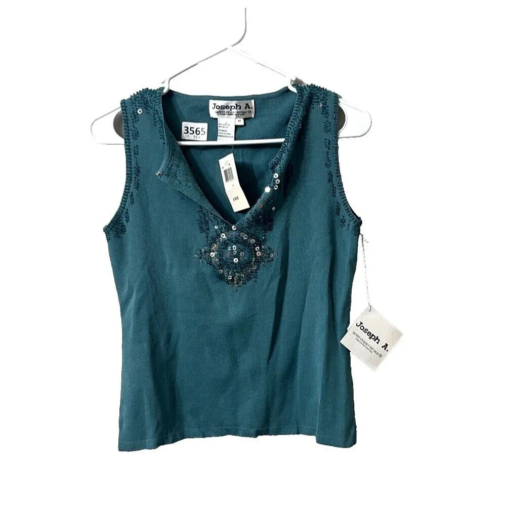 Vtg Y2K Joseph A Womens Teal Green Tank Top M Sequin Ribbed NWT Bling Cowgirl